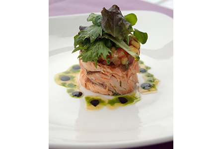 Nick Nairn Smoked Salmon, Mango Salsa, Organic Leaves, Herb Oil and Balsamic Syrup